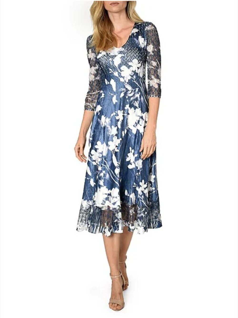 Komarov Midi Dress L Midnight Vine Floral Charmeuse 3/4 Sleeve Lace Crinkle